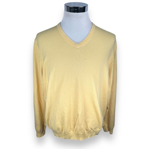 Brooks Brothers Sweater Men’s Large Yellow Merino Wool V-Neck Pullover Stretch - Picture 1 of 9